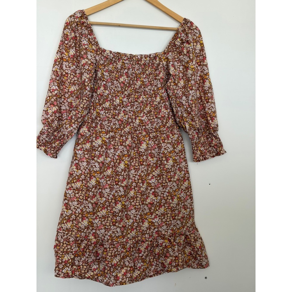 Sim & Sam Floral Smocked Mini Dress Pink Orange Ditsy Cotton Puff Sleeve Large